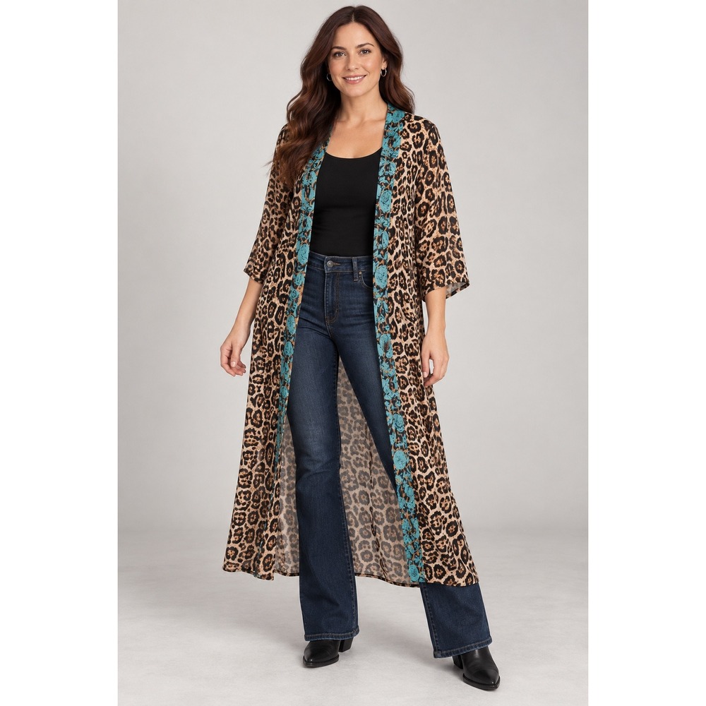 Crazy Train Leopard Print Duster Cardigan Teal Trim Boho Festival Y2K OS